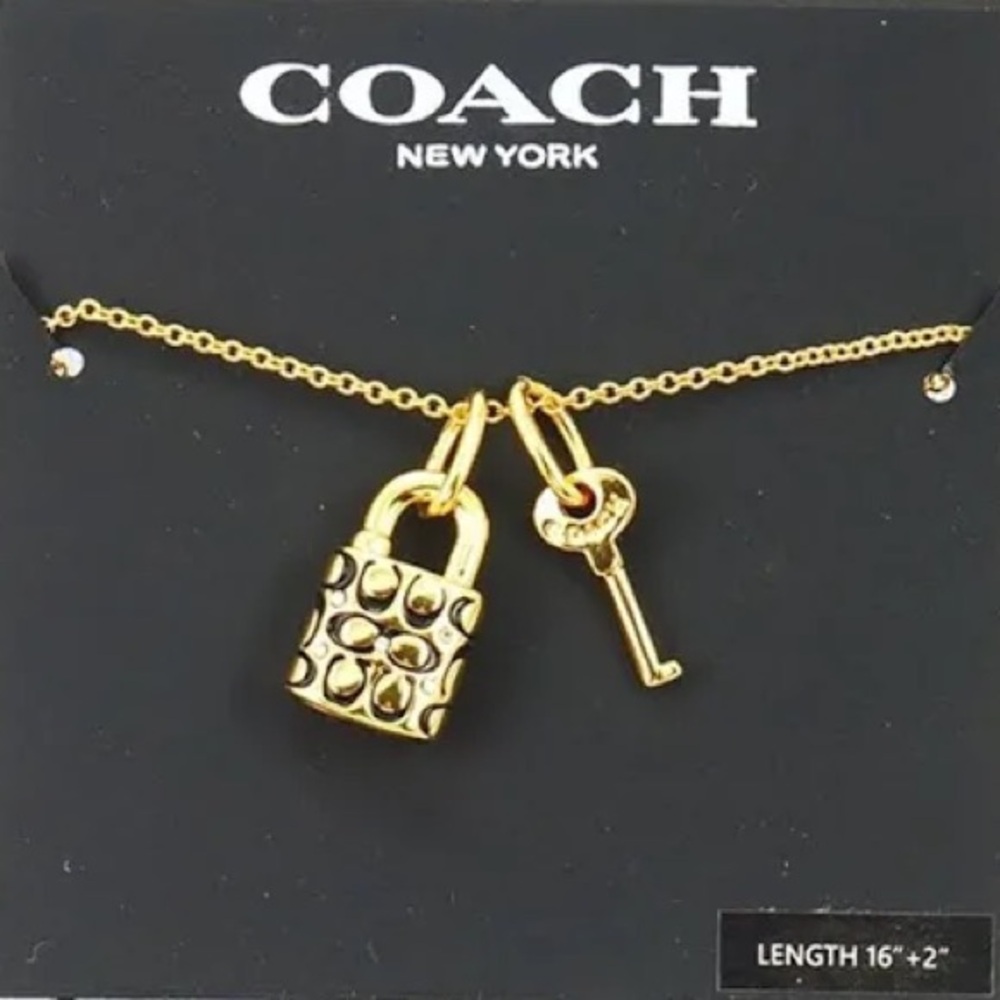 NWT COACH Quilted Monogram Padlock & Key Necklace Gold